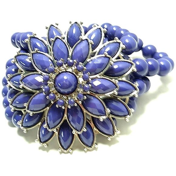 Sapphire Blue Large Crystal Flower Beaded Stretch Bracelet - Picture 6 of 10